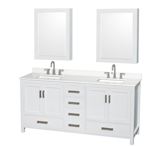 Wyndham Sheffield 72 Inch Double Bathroom Vanity in White, White Quartz Countertop, Undermount Square Sinks (3-Hole), Brushed Chrome Trim, Medicine Cabinets - WCS141472DWHWQUS3MED Wyndham Sheffield 72 Inch Double Bathroom Vanity in White, White Quartz Countertop, Undermount Square Sinks (3-Hole), Brushed Chrome Trim, Medicine Cabinets - WCS141472DWHWQUS3MED