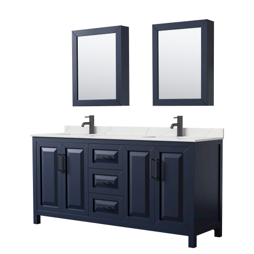 Wyndham Daria 72 Inch Double Bathroom Vanity in Dark Blue, Giotto Quartz Countertop, Undermount Square Sinks (1-Hole), Matte Black Trim, Medicine Cabinets - WCV252572DBBGTUNSMED