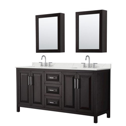 Wyndham Daria 72 Inch Double Bathroom Vanity in Dark Espresso, Giotto Quartz Countertop, Undermount Square Sinks (3-Hole), Polished Chrome Trim, Medicine Cabinets - WCV252572DDEGTUS3MED Wyndham Daria 72 Inch Double Bathroom Vanity in Dark Espresso, Giotto Quartz Countertop, Undermount Square Sinks (3-Hole), Polished Chrome Trim, Medicine Cabinets - WCV252572DDEGTUS3MED