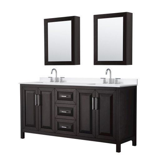 Wyndham Daria 72 Inch Double Bathroom Vanity in Dark Espresso, White Quartz Countertop, Undermount Square Sinks (3-Hole), Polished Chrome Trim, Medicine Cabinets - WCV252572DDEWQUS3MED Wyndham Daria 72 Inch Double Bathroom Vanity in Dark Espresso, White Quartz Countertop, Undermount Square Sinks (3-Hole), Polished Chrome Trim, Medicine Cabinets - WCV252572DDEWQUS3MED