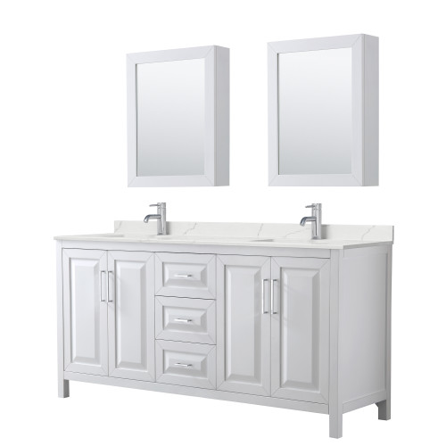 Wyndham Daria 72 Inch Double Bathroom Vanity in White, Giotto Quartz Countertop, Undermount Square Sinks (1-Hole), Polished Chrome Trim, Medicine Cabinets - WCV252572DWHGTUNSMED Wyndham Daria 72 Inch Double Bathroom Vanity in White, Giotto Quartz Countertop, Undermount Square Sinks (1-Hole), Polished Chrome Trim, Medicine Cabinets - WCV252572DWHGTUNSMED