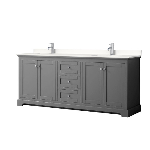 Wyndham Avery 80 Inch Double Bathroom Vanity in Dark Gray, White Quartz Countertop, Undermount Square Sinks (1-Hole), Polished Chrome Trim - WCV232380DKGWQUNSMXX Wyndham Avery 80 Inch Double Bathroom Vanity in Dark Gray, White Quartz Countertop, Undermount Square Sinks (1-Hole), Polished Chrome Trim - WCV232380DKGWQUNSMXX