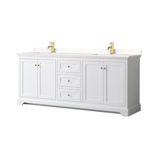 Wyndham Avery 80 Inch Double Bathroom Vanity in White, White Quartz Countertop, Undermount Square Sinks (1-Hole), Brushed Gold Trim - WCV232380DWGWQUNSMXX Wyndham Avery 80 Inch Double Bathroom Vanity in White, White Quartz Countertop, Undermount Square Sinks (1-Hole), Brushed Gold Trim - WCV232380DWGWQUNSMXX