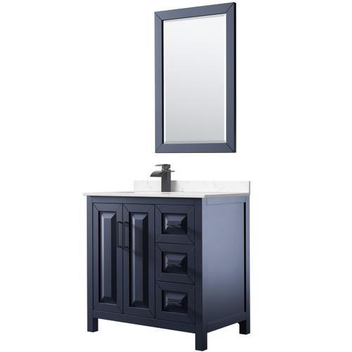 Wyndham Daria 36 Inch Single Bathroom Vanity in Dark Blue, Carrara Cultured Marble Countertop, Undermount Square Sink, Matte Black Trim, 24 Inch Mirror - WCV252536SBBC2UNSM24 Wyndham Daria 36 Inch Single Bathroom Vanity in Dark Blue, Carrara Cultured Marble Countertop, Undermount Square Sink, Matte Black Trim, 24 Inch Mirror - WCV252536SBBC2UNSM24