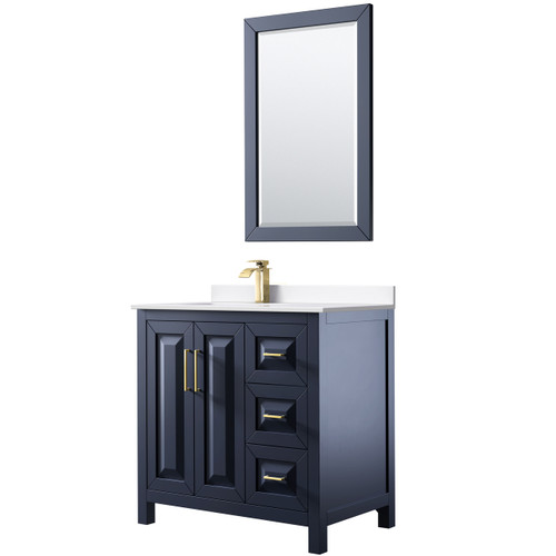 Wyndham Daria 36 Inch Single Bathroom Vanity in Dark Blue, White Cultured Marble Countertop, Undermount Square Sink, Brushed Gold Trim, 24 Inch Mirror - WCV252536SBLWCUNSM24 Wyndham Daria 36 Inch Single Bathroom Vanity in Dark Blue, White Cultured Marble Countertop, Undermount Square Sink, Brushed Gold Trim, 24 Inch Mirror - WCV252536SBLWCUNSM24