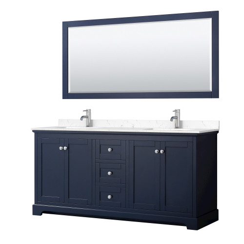 Wyndham Avery 72 Inch Double Bathroom Vanity in Dark Blue, Carrara Cultured Marble Countertop, Undermount Square Sinks, Polished Chrome Trim, 70 Inch Mirror - WCV232372DBCC2UNSM70