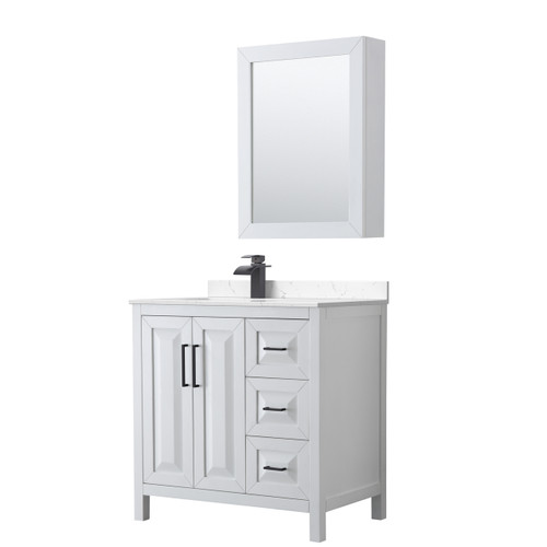 Wyndham Daria 36 Inch Single Bathroom Vanity in White, Carrara Cultured Marble Countertop, Undermount Square Sink, Matte Black Trim, Medicine Cabinet - WCV252536SWBC2UNSMED Wyndham Daria 36 Inch Single Bathroom Vanity in White, Carrara Cultured Marble Countertop, Undermount Square Sink, Matte Black Trim, Medicine Cabinet - WCV252536SWBC2UNSMED