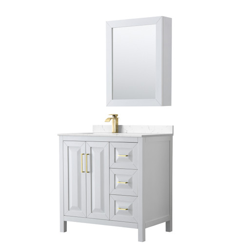 Wyndham Daria 36 Inch Single Bathroom Vanity in White, Carrara Cultured Marble Countertop, Undermount Square Sink, Brushed Gold Trim, Medicine Cabinet - WCV252536SWGC2UNSMED Wyndham Daria 36 Inch Single Bathroom Vanity in White, Carrara Cultured Marble Countertop, Undermount Square Sink, Brushed Gold Trim, Medicine Cabinet - WCV252536SWGC2UNSMED