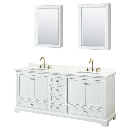 Wyndham Deborah 80 Inch Double Bathroom Vanity in White, Giotto Quartz Countertop, Undermount Square Sinks (3-Hole), Brushed Gold Trim, Medicine Cabinets - WCS202080DWGGTUS3MED Wyndham Deborah 80 Inch Double Bathroom Vanity in White, Giotto Quartz Countertop, Undermount Square Sinks (3-Hole), Brushed Gold Trim, Medicine Cabinets - WCS202080DWGGTUS3MED