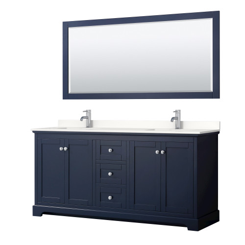 Wyndham Avery 72 Inch Double Bathroom Vanity in Dark Blue, White Quartz Countertop, Undermount Square Sinks (1-Hole), Polished Chrome Trim, 70 Inch Mirror - WCV232372DBCWQUNSM70 Wyndham Avery 72 Inch Double Bathroom Vanity in Dark Blue, White Quartz Countertop, Undermount Square Sinks (1-Hole), Polished Chrome Trim, 70 Inch Mirror - WCV232372DBCWQUNSM70