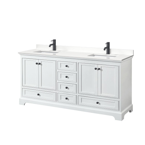 Wyndham Deborah 72 Inch Double Bathroom Vanity in White, White Quartz Countertop, Undermount Square Sinks (1-Hole), Matte Black Trim - WCS202072DWBWQUNSMXX Wyndham Deborah 72 Inch Double Bathroom Vanity in White, White Quartz Countertop, Undermount Square Sinks (1-Hole), Matte Black Trim - WCS202072DWBWQUNSMXX