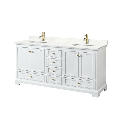Wyndham Deborah 72 Inch Double Bathroom Vanity in White, Giotto Quartz Countertop, Undermount Square Sinks (1-Hole), Brushed Gold Trim - WCS202072DWGGTUNSMXX