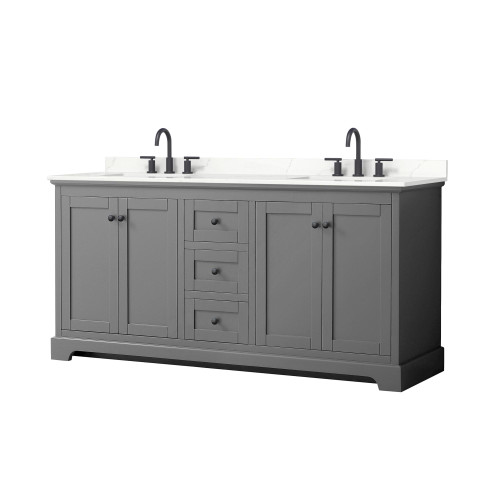Wyndham Avery 72 Inch Double Bathroom Vanity in Dark Gray, Giotto Quartz Countertop, Undermount Square Sinks (3-Hole), Matte Black Trim - WCV232372DGBGTUS3MXX