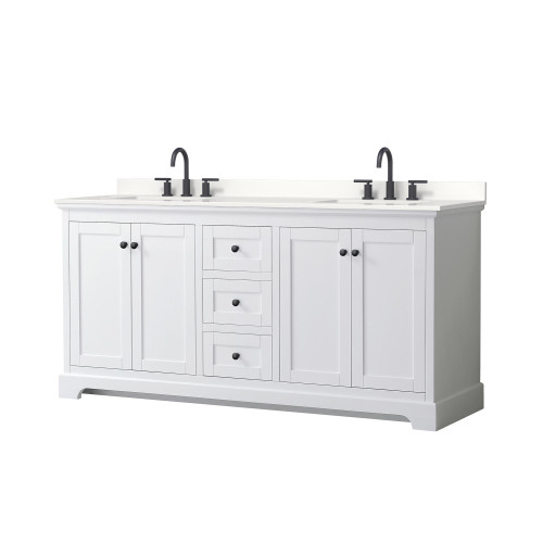 Wyndham Avery 72 Inch Double Bathroom Vanity in White, White Quartz Countertop, Undermount Square Sinks (3-Hole), Matte Black Trim - WCV232372DWBWQUS3MXX Wyndham Avery 72 Inch Double Bathroom Vanity in White, White Quartz Countertop, Undermount Square Sinks (3-Hole), Matte Black Trim - WCV232372DWBWQUS3MXX