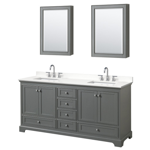 Wyndham Deborah 72 Inch Double Bathroom Vanity in Dark Gray, White Quartz Countertop, Undermount Square Sinks (3-Hole), Polished Chrome Trim, Medicine Cabinets - WCS202072DKGWQUS3MED