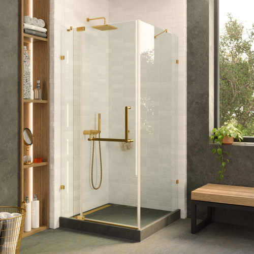 Fine Fixtures SDK30SB Frameless Square Shower Enclosure With Adjustable Door - 30" X 30" - Satin Brass