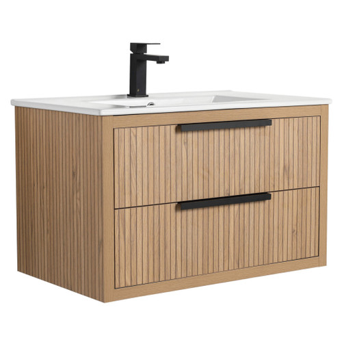 Fine Fixtures Kingsford Wall Hung Vanity Cabinet With Sink 30" Wide - Bright Oak - KI30BO-DR