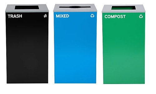 Alpine ALP4450-BLK-KIT19 87 Gal. 3-Stream Steel Blue Mixed, Green Compost, and Black Commercial Trash Can Station