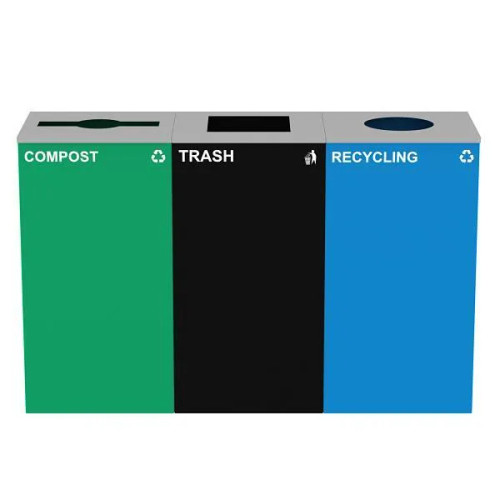 Alpine ALP4450-BLK-KIT36 87 Gal. 3-Stream Steel Blue Recycling, Green Compost, and Black Commercial Trash Can Station