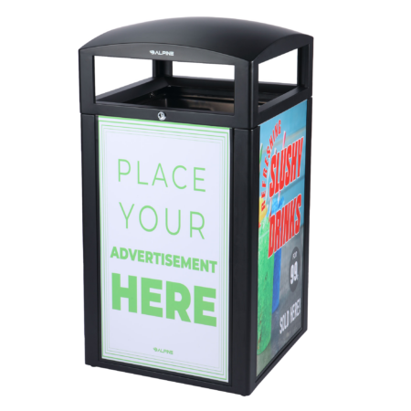 Alpine Rugged 40 Gallon All Weather Trash Container, With Advertisement Panels, Grey Stone - ALP471-40-GRYS-SGN