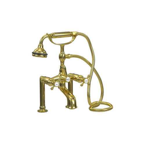 Cheviot Extra Tall Deckmount Tub Filler W/ Hand Shower, Cross Handles, Satin Brass - 5127-SB
