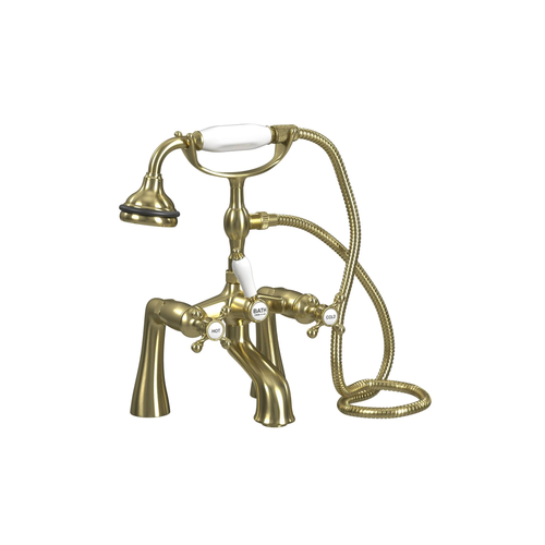 Cheviot Offset Deckmount Tub Filler W/ Hand Shower, Cross Handles, Satin Brass - 5106-SB