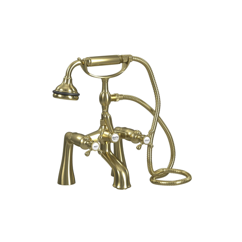Cheviot Offset Deckmount Tub Filler W/ Hand Shower, Cross Handles, Satin Brass - 5121-SB