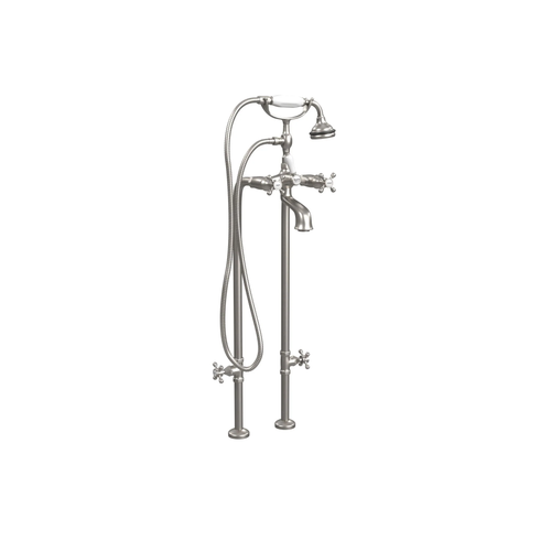 Cheviot Free Standing Tub Filler With Handshower and Stop Valves, Cross Handles, Brushed Nickel - 5102/3970-BN
