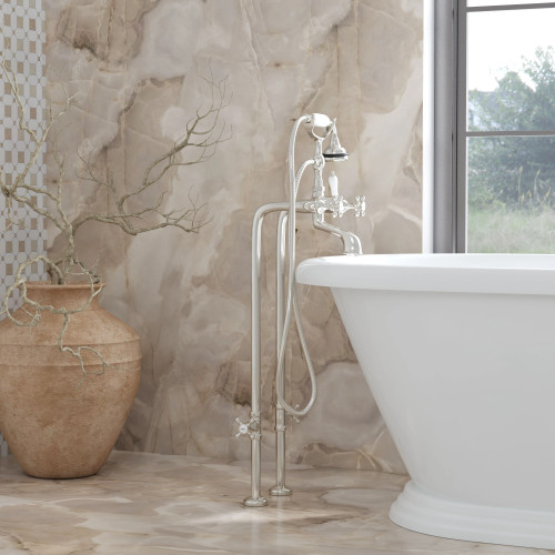 Cheviot Free Standing Tub Filler With Handshower and Stop Valves, Cross Handles, Polished Nickel - 5102/3970-PN