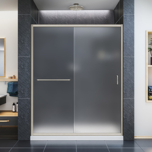 Dreamline DL-6973C-04FR Infinity-Z 36 in. D x 60 in. W x 74 3/4 in. H Frosted Sliding Shower Door in Brushed Nickel and Center Drain White Base