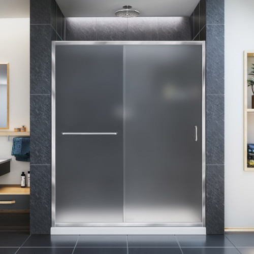 Dreamline DL-6973C-01FR Infinity-Z 36 in. D x 60 in. W x 74 3/4 in. H Frosted Sliding Shower Door in Chrome and Center Drain White Base