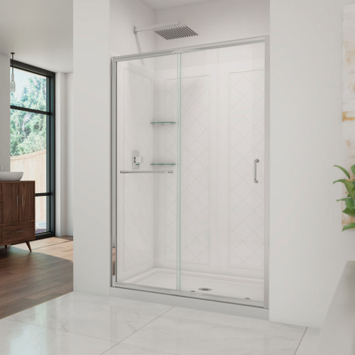 Dreamline DL-6107C-01FR Infinity-z Frosted Frameless Sliding Shower Door, 36" X 48" Single Threshold Shower Base And Qwall-5 Shower Backwalls Kit Center Drain Base