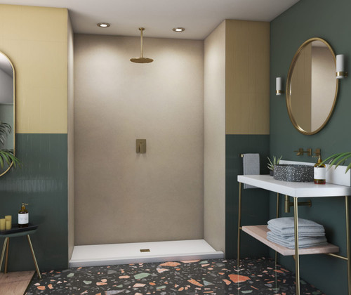 Swanstone 36 x 36 x 96 Smooth Glue up Shower Wall Kit in Limestone - SMMK963636.218 Swanstone 36 x 36 x 96 Smooth Glue up Shower Wall Kit in Limestone - SMMK963636.218