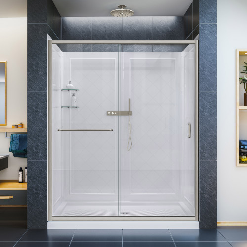 Dreamline DL-6116C-04CL Infinity-z Clear Frameless Sliding Shower Door, 30" x 60" Single Threshold Shower Base And Qwall-5 Shower Backwalls Kit - Brushed Nickel Hardware
