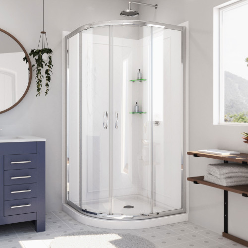 Dreamline DL-6152-01CL Prime Clear or Frosted 31 3/8" Frameless Sliding Shower Enclosure, Base And Qwall-4 Shower Backwalls Kit - Chrome Hardware