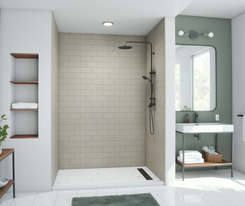Swanstone 32 x 50 x 96 Metro Subway Tile Glue up Shower Wall Kit in Limestone - MTMK963250.218 Swanstone 32 x 50 x 96 Metro Subway Tile Glue up Shower Wall Kit in Limestone - MTMK963250.218