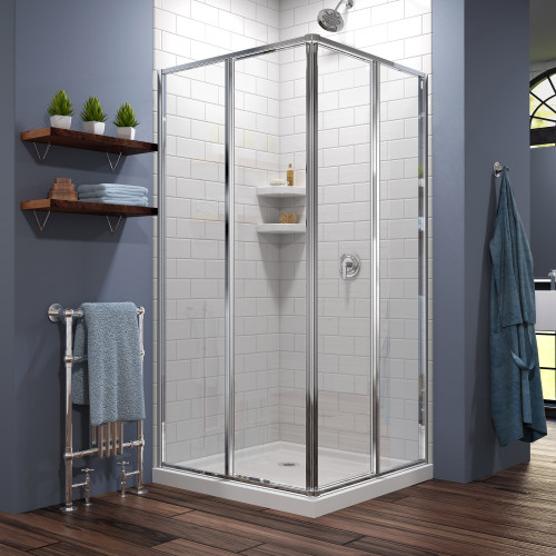 Dreamline DL-6710-01 Cornerview Framed Sliding Shower Enclosure & Slimline 36" Double Threshold Shower Base - Chrome Hardware