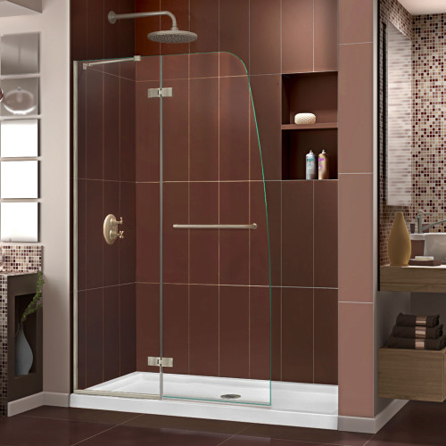 Dreamline DL-6521C-04CL Aqua Ultra Frameless Hinged Shower Door And Slimline 32" x 60" Single Threshold Shower Base - Brushed Nickel Hardware