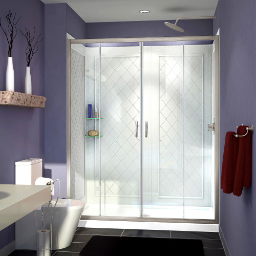 Dreamline DL-6114C-04CL Visions Frameless Sliding Shower Door, 34" x 60" Single Threshold Shower Base And Qwall-5 Shower Backwalls Kit - Brushed Nickel Hardware