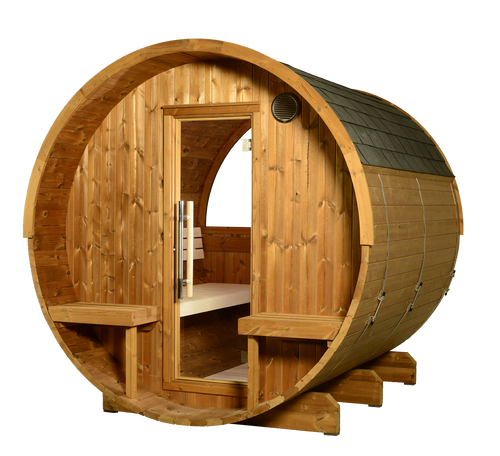 Evander 7x8 Canopy Barrel Sauna w/Half-Moon Window | 8.0kw KIP | 4-6-Person | Thermally Modified Pine* - 14-4021210