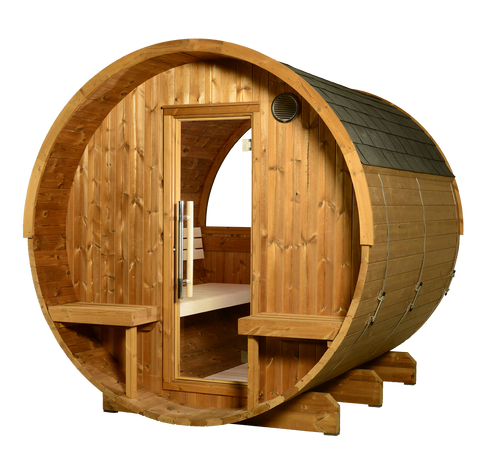 Evander 7x8 Canopy Barrel Sauna w/Half-Moon Window | 8.0kw KIP | 4-6-Person | Thermally Modified Pine* - 4021210