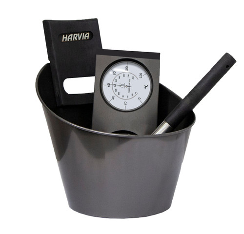 Harvia Deluxe Black Steel Bucket, Ladle, & Thermometer/Hydrometer Set - SA007