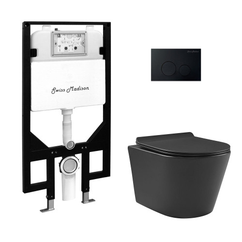 Swiss Madison Calice Wall-Hung Toilet Bundle 0.8/1.6 GPF Dual Flush - Matte Black with Black Flush Plate - SM-WT2302MB