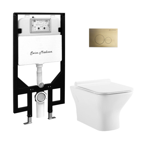 Swiss Madison Carre Wall-Hung Toilet Bundle 0.8/1.6 GPF Dual Flush - Glossy White with Brass Flush Plate - SM-WT1502GW