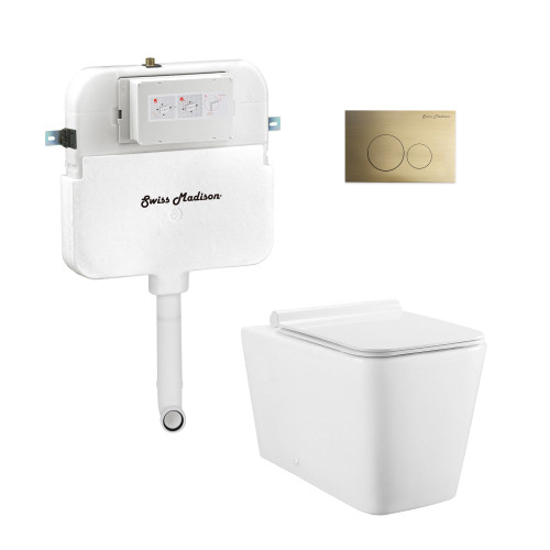 Swiss Madison Concorde Back-to-Wall Toilet Bundle 0.8/1.6 GPF Dual Flush - Glossy White with Brass Flush Plate - SM-WT0206GW Swiss Madison Concorde Back-to-Wall Toilet Bundle 0.8/1.6 GPF Dual Flush - Glossy White with Brass Flush Plate - SM-WT0206GW