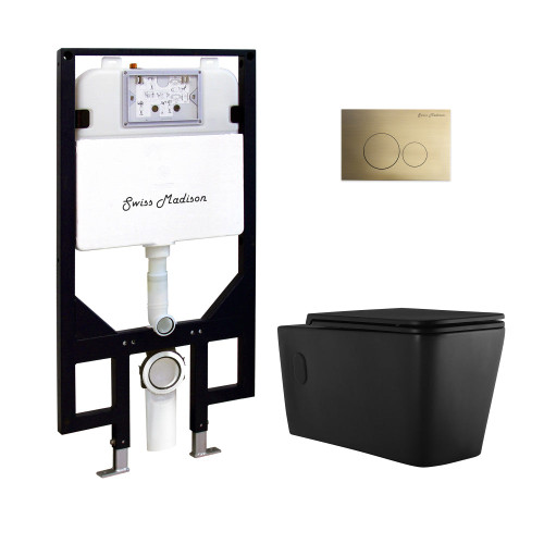 Swiss Madison Concorde Wall-Hung Toilet Bundle 0.8/1.6 GPF Dual Flush - Matte Black with Brass Flush Plate - SM-WT0202MB