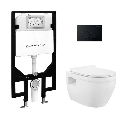 Swiss Madison Ivy Wall-Hung Toilet Bundle 0.8/1.6 GPF Dual Flush - Glossy White with Black Flush Plate - SM-WT0903GW