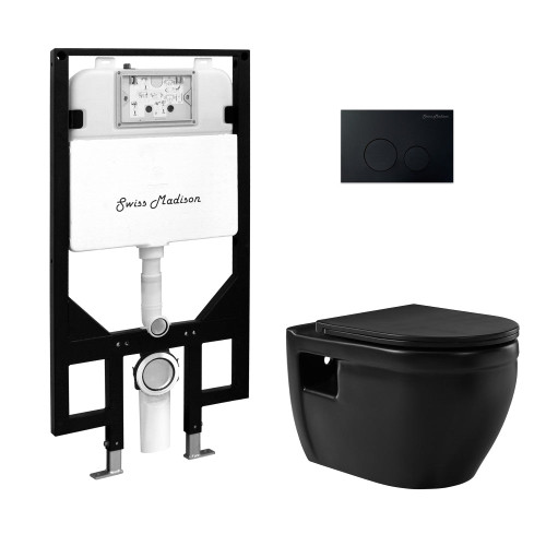 Swiss Madison Ivy Wall-Hung Toilet Bundle 0.8/1.6 GPF Dual Flush - Matte Black with Black Flush Plate - SM-WT0902MB