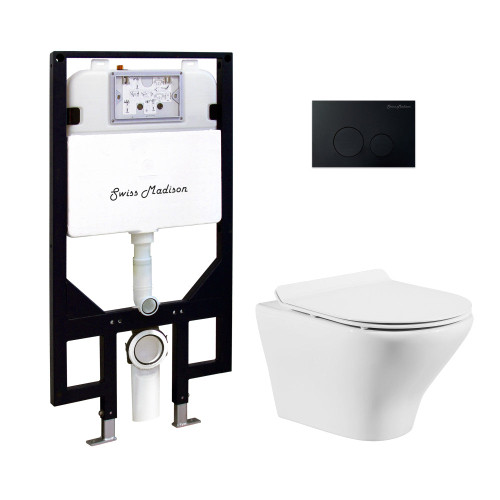 Swiss Madison Monaco Wall-Hung Toilet Bundle 0.8/1.6 GPF Dual Flush - Glossy White with Black Flush Plate - SM-WT1003GW