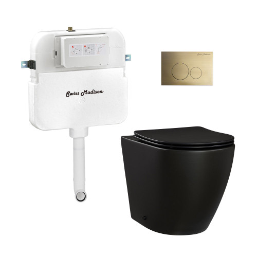 Swiss Madison St. Tropez Back-to-Wall Toilet Bundle 0.8/1.6 GPF Dual Flush - Matte Black with Brass Flush Plate - SM-WT0805MB